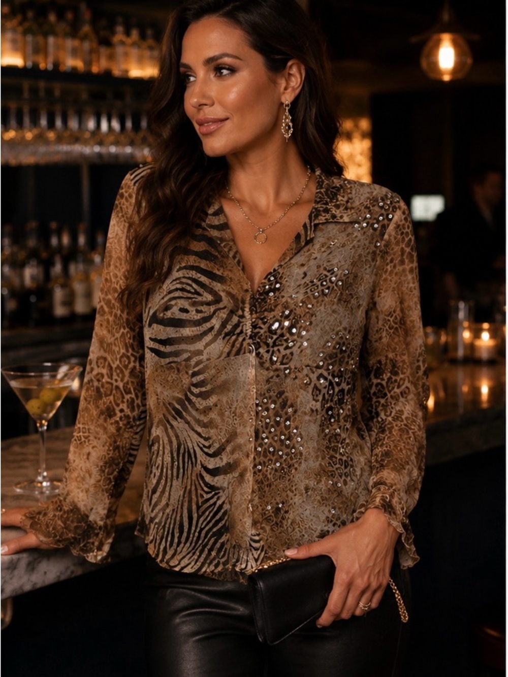 Fashion Bug Silk Animal Print Sequin Blouse Womens XL Sheer Top